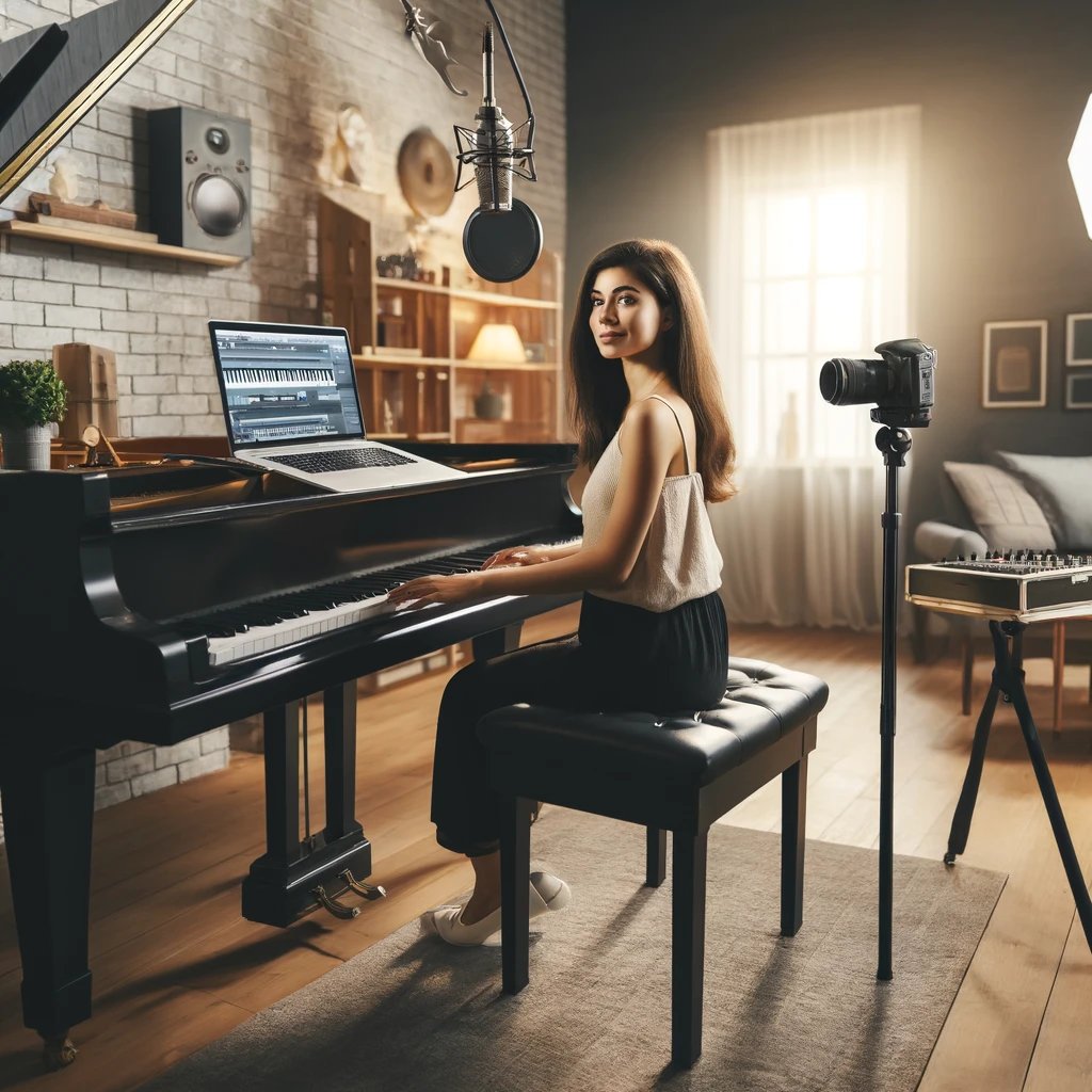  Hispanic woman at a grand piano in a modernly decorated room, equipped with a laptop, recording camera, and microphone