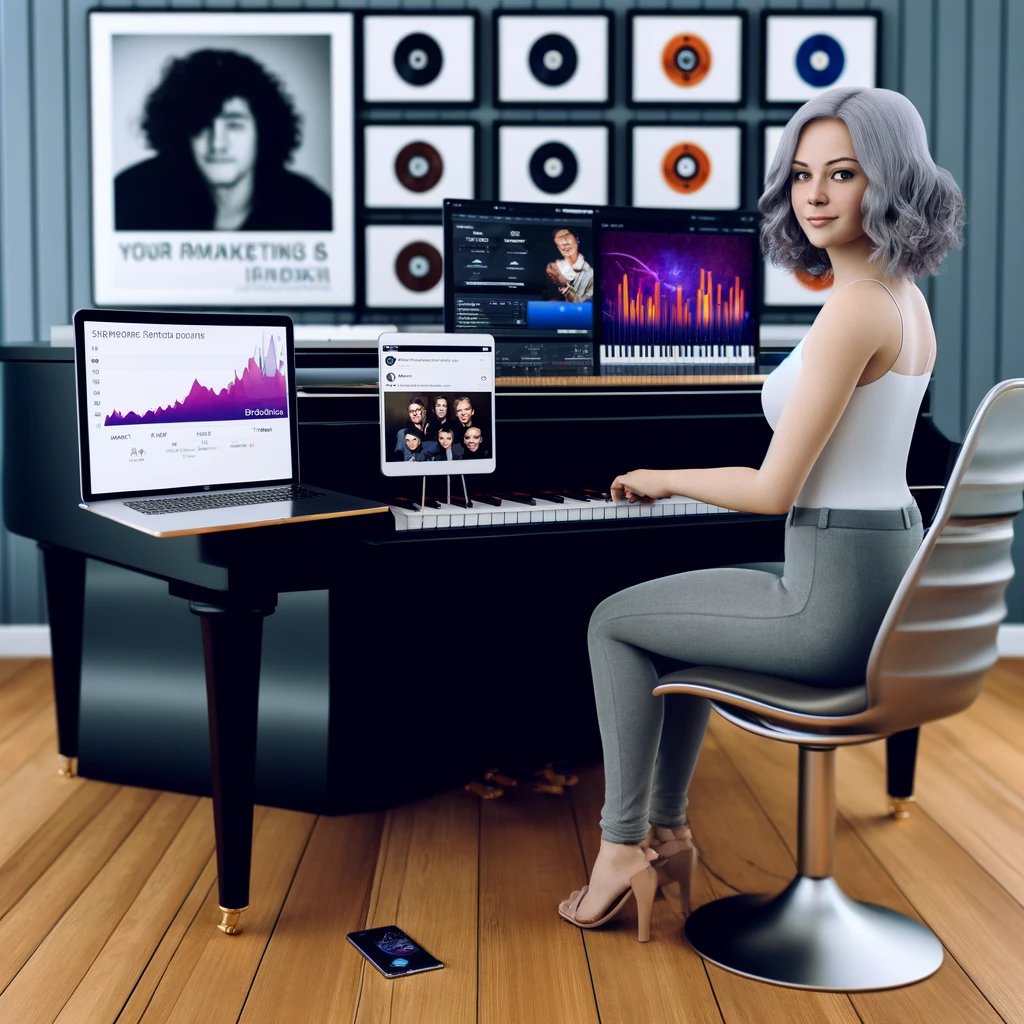  young Caucasian woman at her desk, surrounded by a grand piano, a computer with marketing analytics, and social media engagement visible.