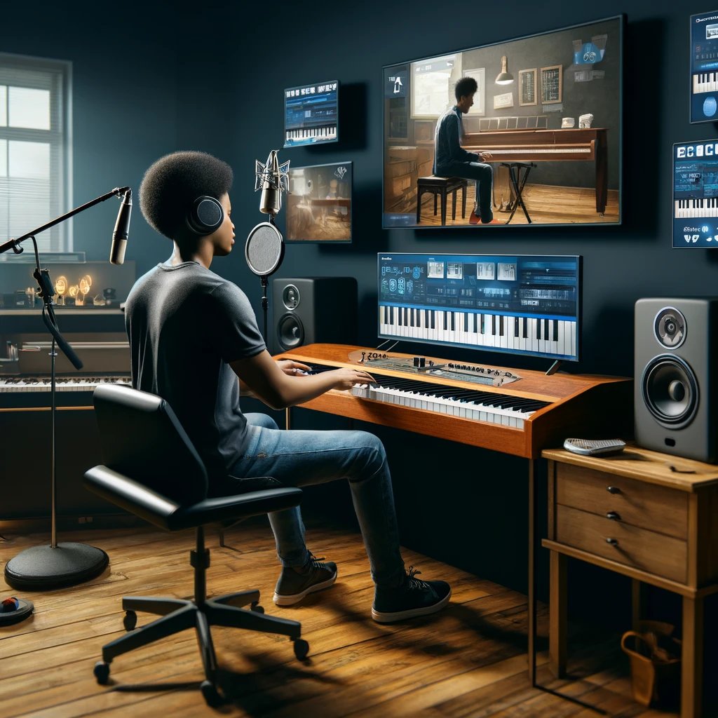 a young African American male at his digital piano surrounded by professional recording equipment and multiple monitors showcasing various online platforms